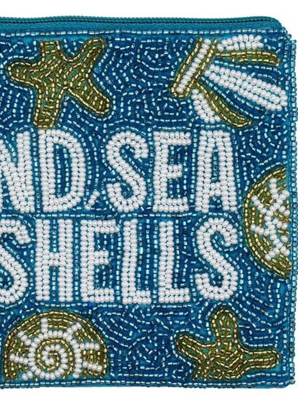 Key West Hand-Beaded ' Sand Sea Shells ' Blue Gold Clutch Coin Pouch
